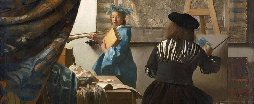 A Painting of the back of someone at an easel painting a woman posed in a blue dress holding a book