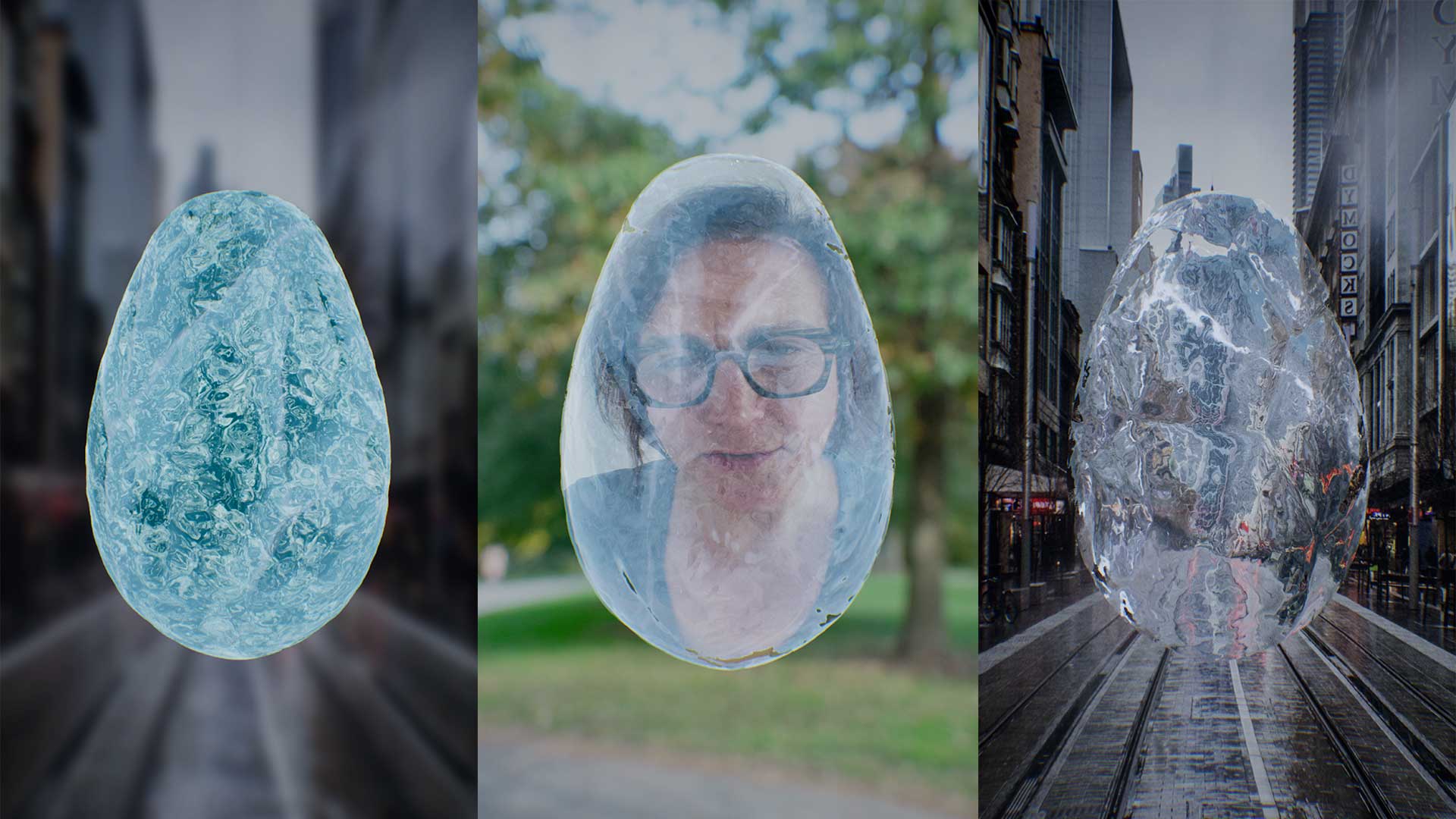 A triptych of icy raindrops on different outside background. In the middle raindrops is a person's face.